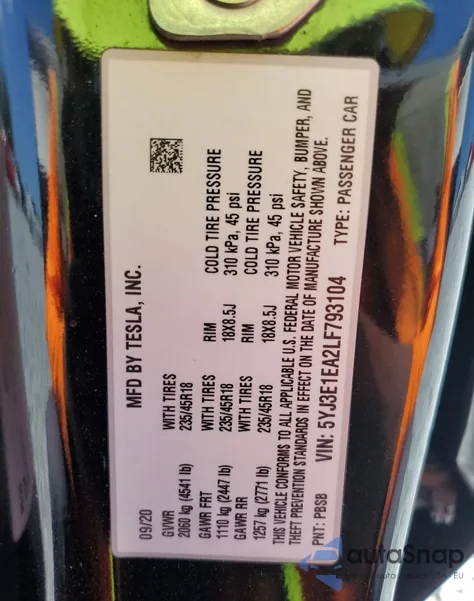 2020 Tesla Model 3 from USA, damaged, VIN 5YJ3E1EA2LF793104